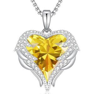 White-11-Nov. Yellow Birthstone Angel Wings Love Heart Silver Necklace